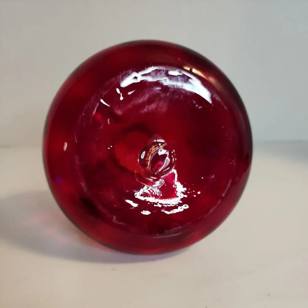 VTG Red Art Glass Optic Creamer Cruet Hand Blown Yellow Trim & Applied Handle